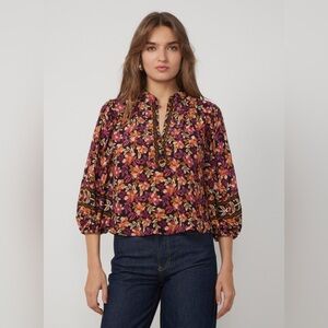 GILNER FARRAR V-Neck Brown Floral Print Balloon Sleeve Blouse NWT ($228)